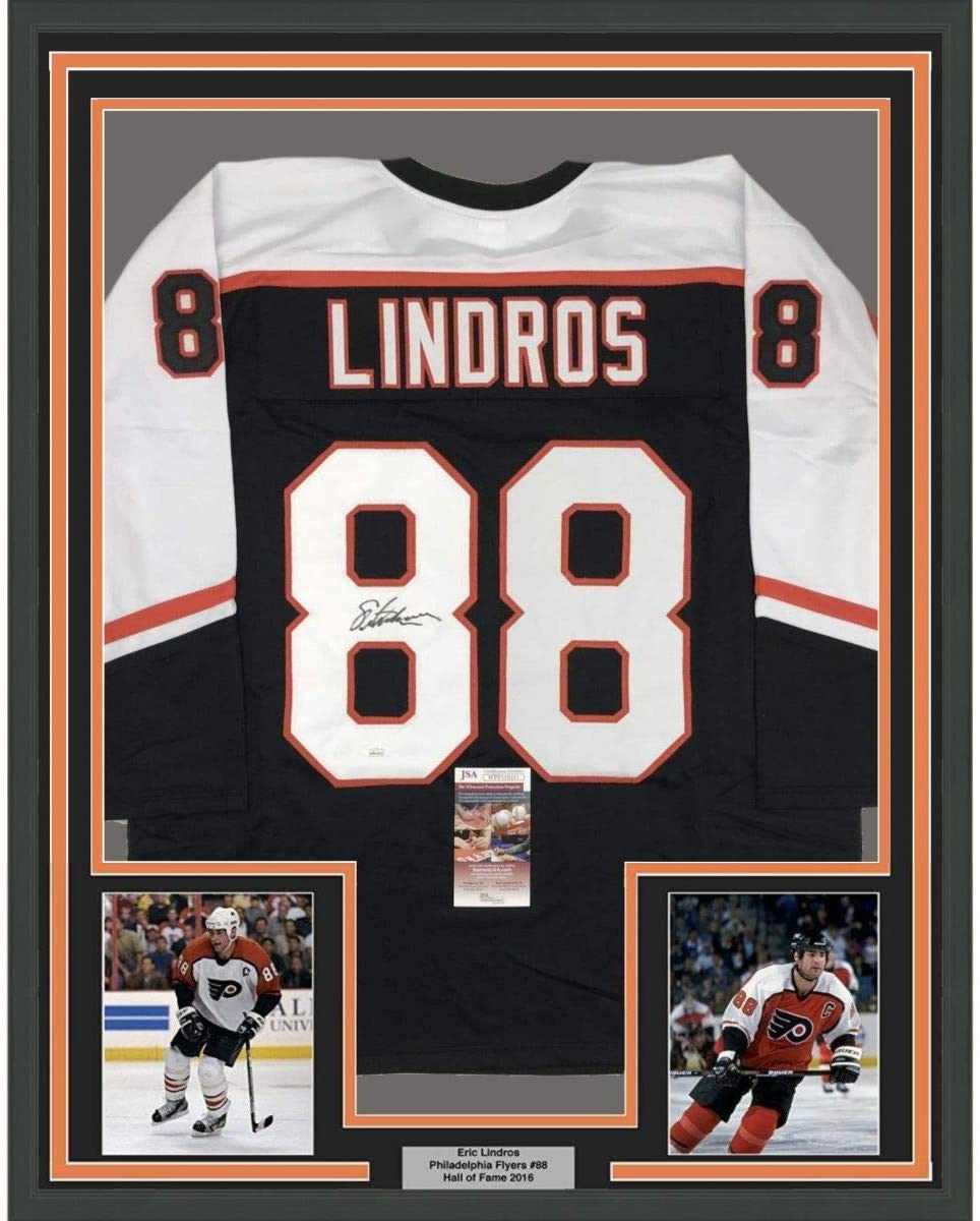 Framed Autographed/Signed Eric Lindros 35x39 Philadelphia Black Hockey Jersey JSA COA