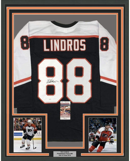 Framed Autographed/Signed Eric Lindros 35x39 Philadelphia Black Hockey Jersey JSA COA