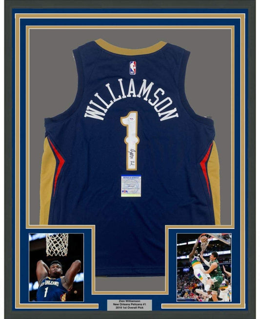 Framed Autographed/Signed Zion Williamson 35x39 New Orleans Blue Basketball Jersey PSA/DNA COA