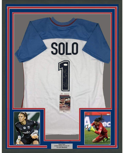 Framed Autographed/Signed Hope Solo 35x39 White Soccer Team USA World Cup Jersey JSA COA