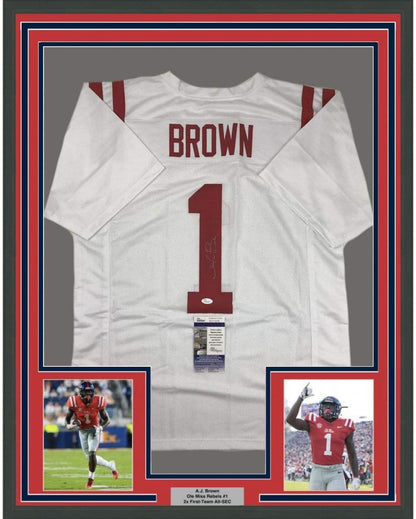 Framed Autographed/Signed AJ A.J. Brown 35x39 Ole Miss White College Football Jersey JSA COA