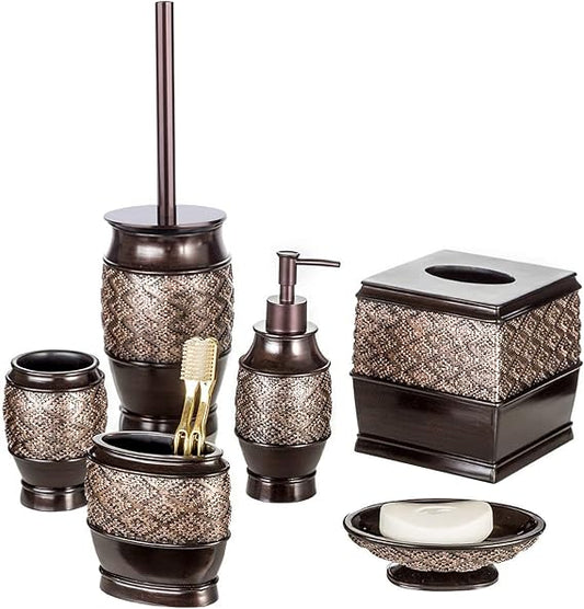 Creative Scents Dublin Brown Bathroom Accessories Set - 6-Piece Bathroom Set Includes: Toilet Bowl Brush, Tissue Box Cover, Decorative Soap Dispenser, Soap Dish, Tumbler and Toothbrush Holder