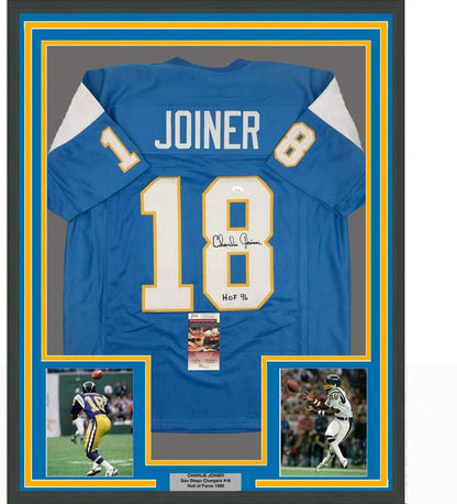 Framed Autographed/Signed Charlie Joiner HOF 96 35x39 San Diego Powder Blue Football Jersey JSA COA