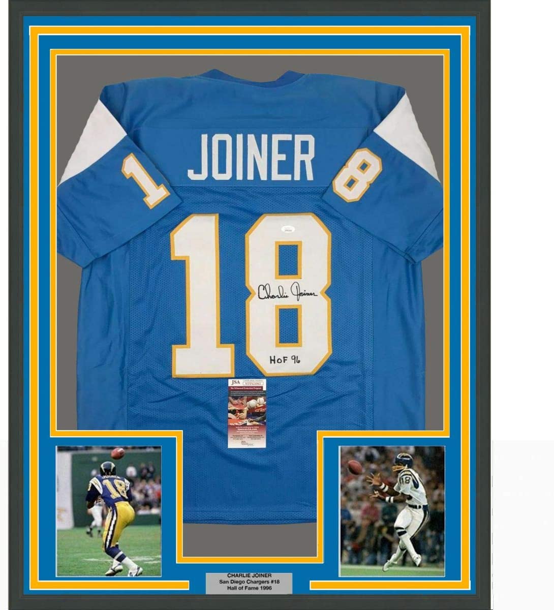 Framed Autographed/Signed Charlie Joiner HOF 96 35x39 San Diego Powder Blue Football Jersey JSA COA