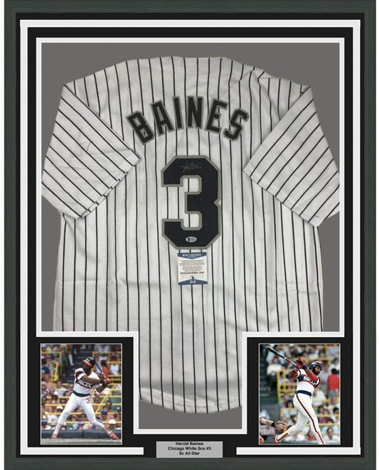 Framed Autographed/Signed Harold Baines 35x39 Chicago Pinstripe Baseball Jersey Beckett BAS COA