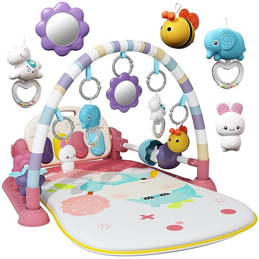 Baby Gym with Kick and Play Piano, Baby Play Mat Tummy Time Baby Activity Gym Mat with 5 Infant Learning Sensory for Baby, Music and Lights Boy or Girl for Newborn´__Pink´__