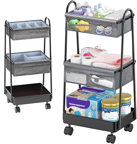 Baby Diaper Caddy Cart Organizer - 3 Tier Rolling Utility Cart Newborn Baby Nursery Essentials, Large Capacity, Easy to Assemble, Storage Rolling Cart for Bedroom, Changing Table & Crib