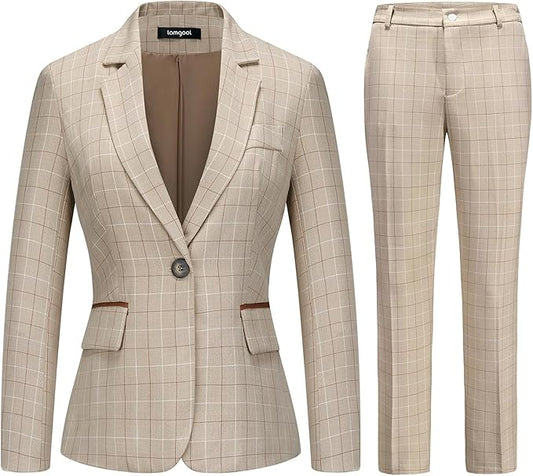 Lamgool Women's 2 Piece Plaid Suit Lady's Business One Button Lined Blazer Jacket Pant Set