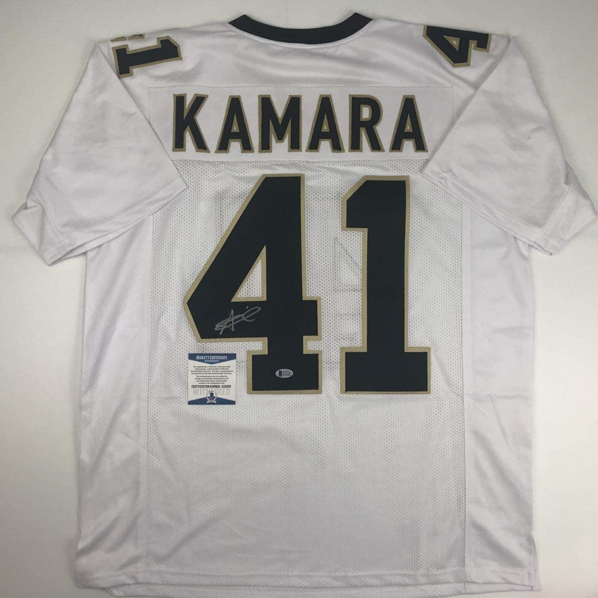 Autographed/Signed Alvin Kamara New Orleans White Football Jersey Beckett BAS COA
