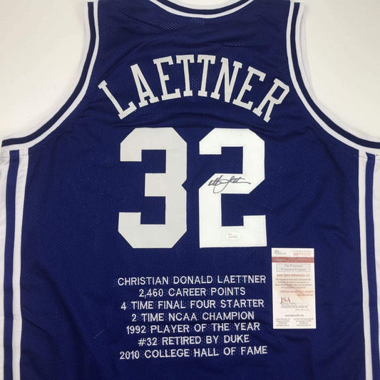 Autographed/Signed Christian Laettner Duke Blue Stat The Shot College Basketball Jersey JSA COA