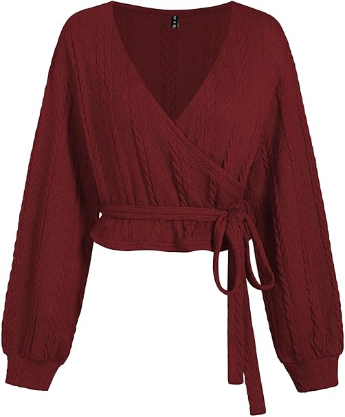 ZAFUL Women's V Neck Sweater Lantern Long Sleeve Pullover Cable Knit Cross Crop Top Casual Tie Wrap Tunic Jumper Blouses