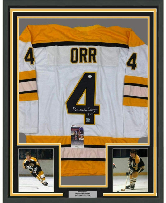Framed Autographed/Signed Bobby Orr 35x39 Boston White Hockey Jersey JSA & GNR COA