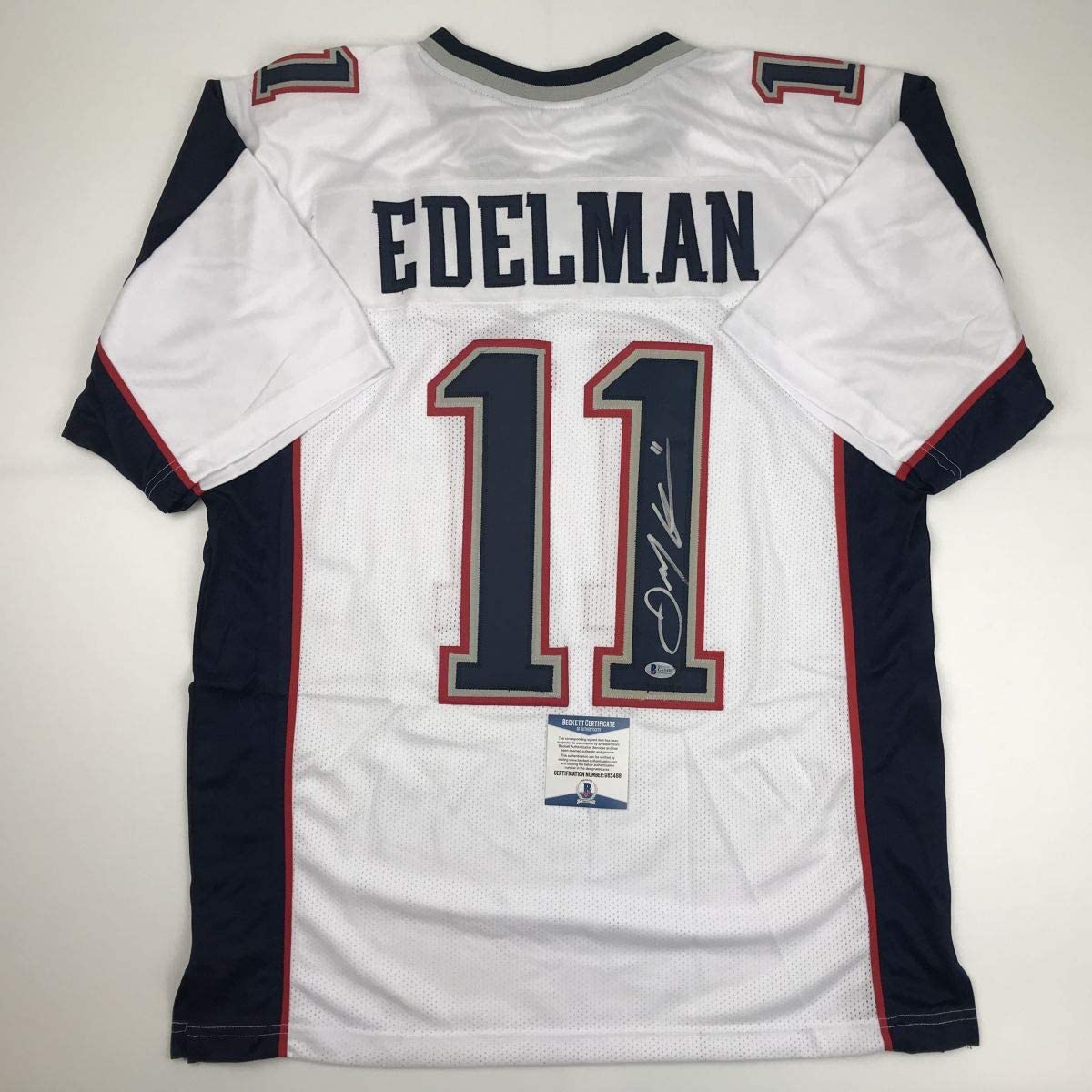 Autographed/Signed Julian Edelman New England White Football Jersey Beckett BAS COA