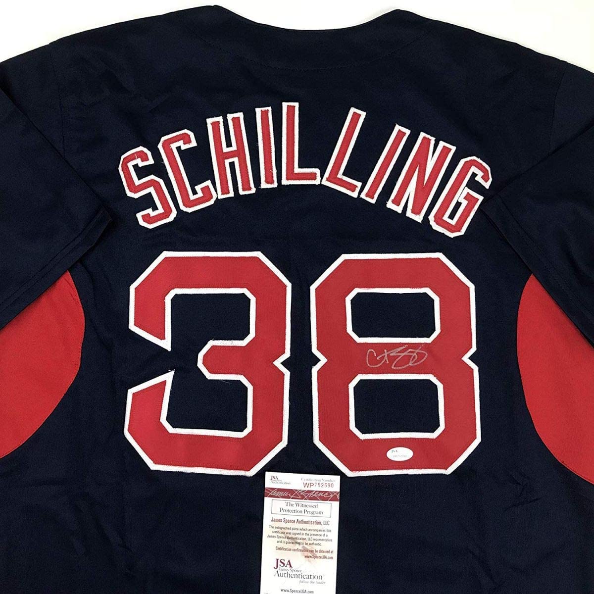 Autographed/Signed Curt Schilling Boston Blue Baseball Jersey JSA COA