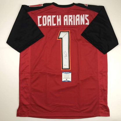Autographed/Signed Bruce Arians Tampa Bay Red Football Jersey Beckett BAS COA