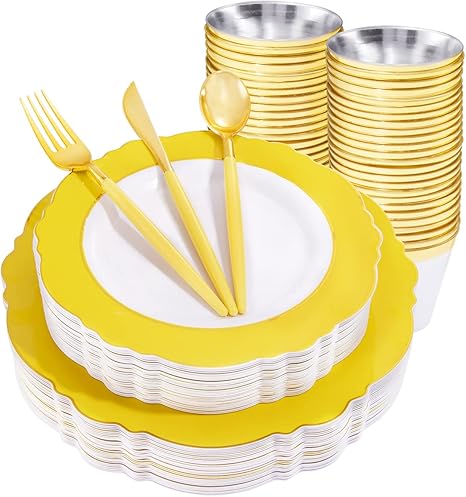 WDF 150pieces Yellow Plastic Plates with Gold Rim& Disposable Gold Plastic Silverware With Yellow Handle-Baroque Yellow Sunshine&Gold Plastic Dinnerware for Upscale Wedding &Parties