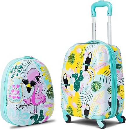 BABY JOY 2 PC Kids Luggage, 16" Toddlers Carry-on Suitcase & 12_ѝ Backpack Set, Children Travelling Case w/ 4 Casters & Retractable Handle, Lightweight Trolley Case for Boys & Girls (Flamingo)