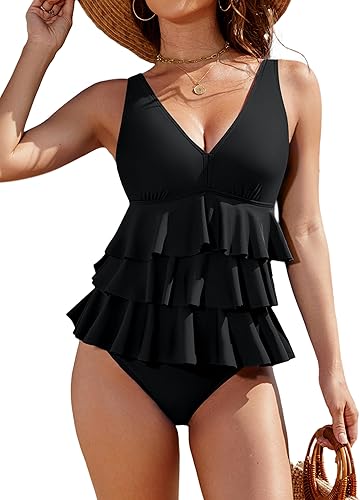 Blooming Jelly Womens One Piece Swimsuit Ruffle Tummy Control Modest Bathing Suit Full Coverage Retro Swim Dress Swimwear