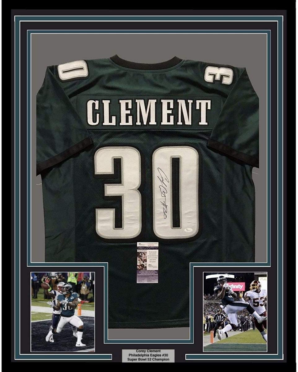 Framed Autographed/Signed Corey Clement 35x39 Philadelphia Eagles Green Football Jersey JSA COA