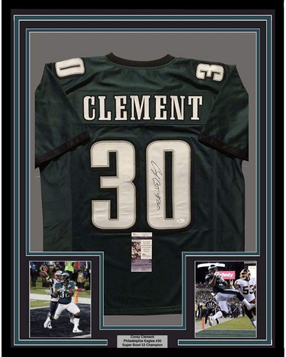Framed Autographed/Signed Corey Clement 35x39 Philadelphia Eagles Green Football Jersey JSA COA