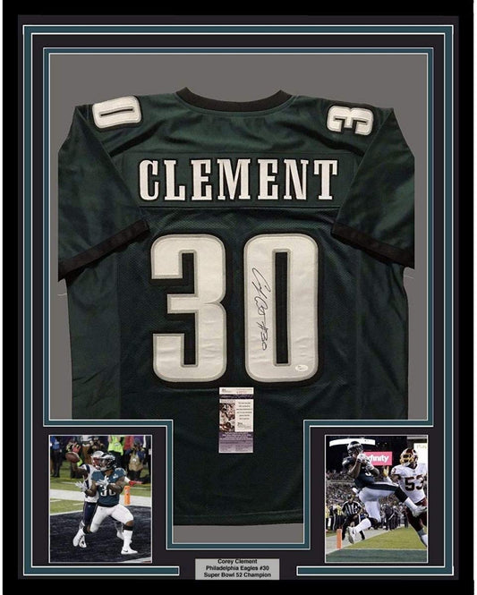 Framed Autographed/Signed Corey Clement 35x39 Philadelphia Eagles Green Football Jersey JSA COA