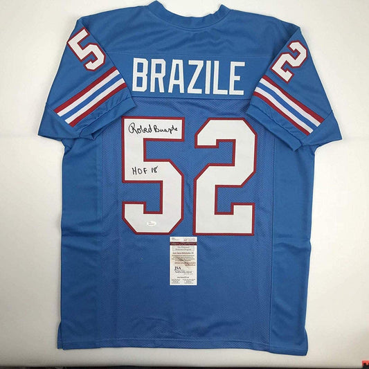Autographed/Signed Robert Brazile HOF 18 Houston Blue Football Jersey JSA COA