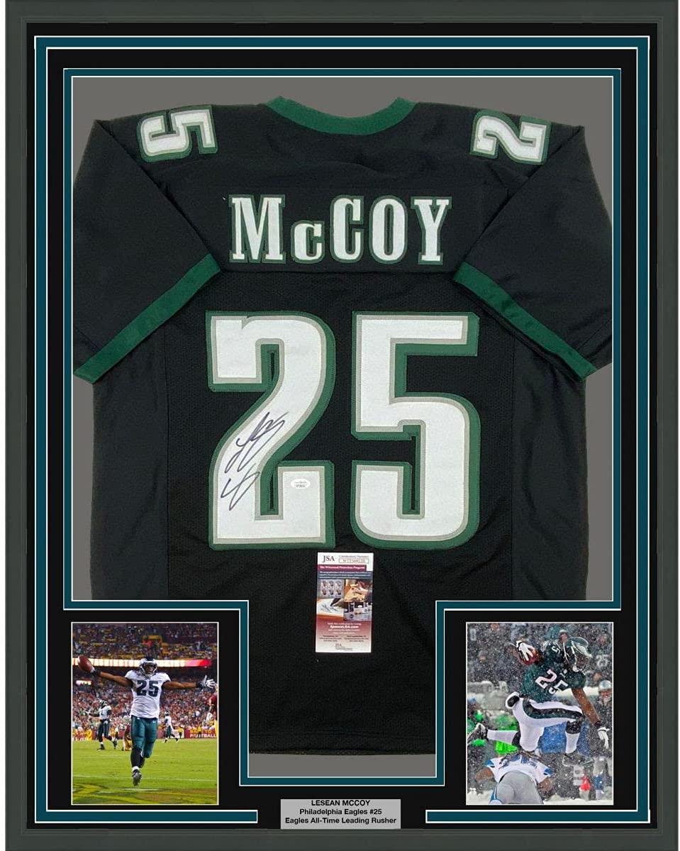 Framed Autographed/Signed LeSean McCoy 35x39 Philadelphia Black Football Jersey JSA COA