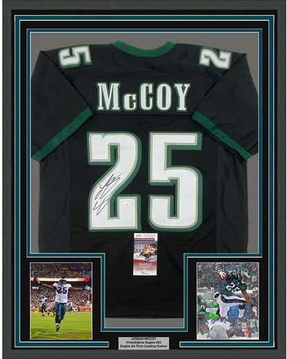 Framed Autographed/Signed LeSean McCoy 35x39 Philadelphia Black Football Jersey JSA COA