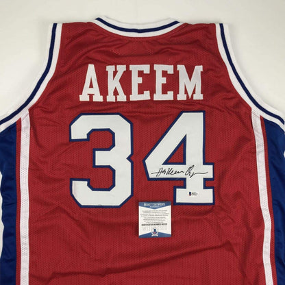Autographed/Signed Hakeem Akeem Olajuwon Houston Red College Basketball Jersey Beckett BAS COA