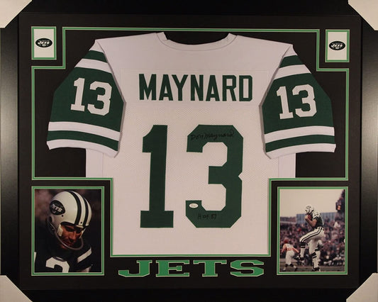 Autographed/Signed Don Maynard HOF 87  Framed 35x43 New York Jets White Football Jersey JSA COA
