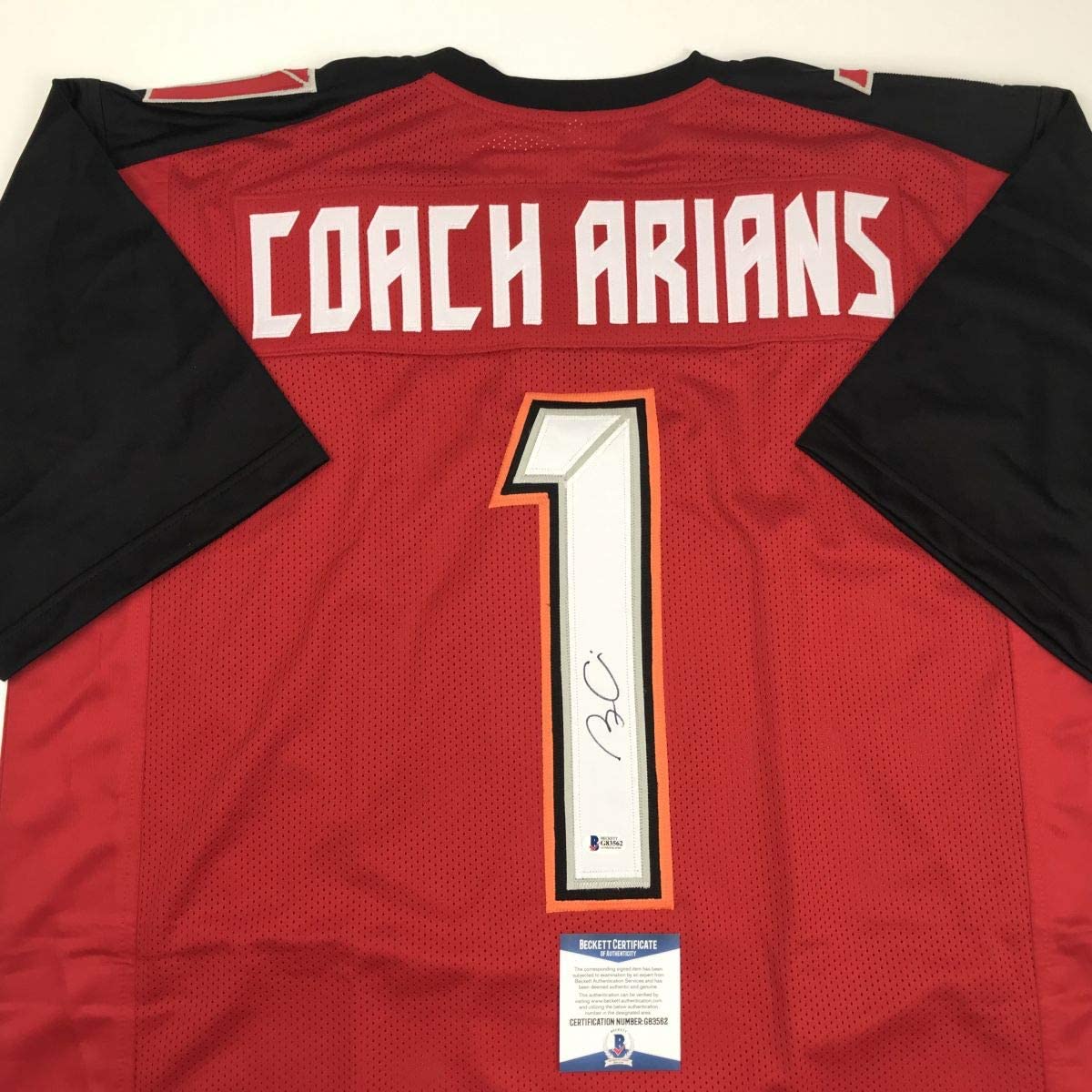 Autographed/Signed Bruce Arians Tampa Bay Red Football Jersey Beckett BAS COA