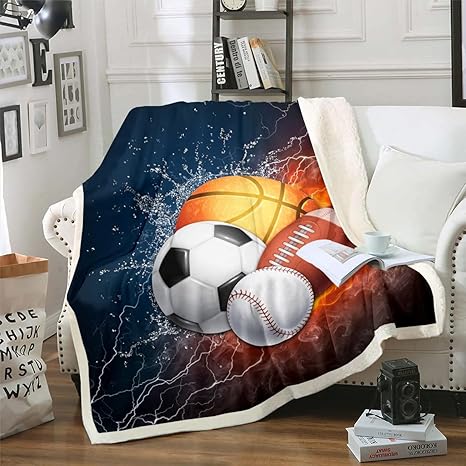 Erosebridal Sports Fleece Blanket Boys Twin Size, Baseball Soccer Sherpa Blanket Kids Teens Basketball Football Plush Blanket Ball Games Blanket, Fire Ice Trippy Lightening Decor Soft Luxury