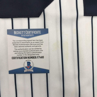 Autographed/Signed Johan Santana Minnesota Pinstripe Baseball Jersey Beckett BAS COA