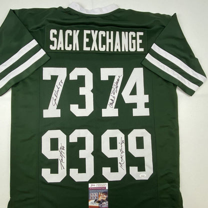 Autographed/Signed NY Sack Exchange Mark Gastineau, Joe Klecko, Marty Lyons & Abdul Salaam New York Green Football Jersey JSA COA