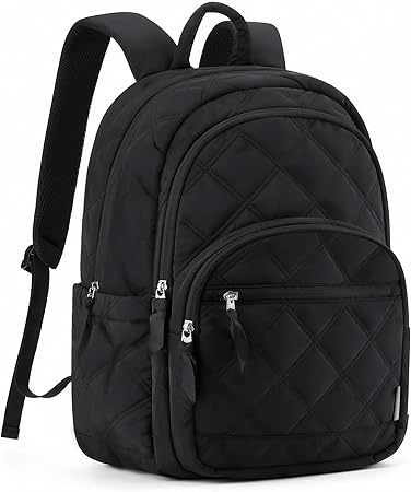 BAGSMAT Travel Laptop Backpack, Fluffy College Backpack for Women, Quilted Small Computer Bookbag, Water Resistant 15.6 Inch Laptop Cute Casual Bag Backpack, Black