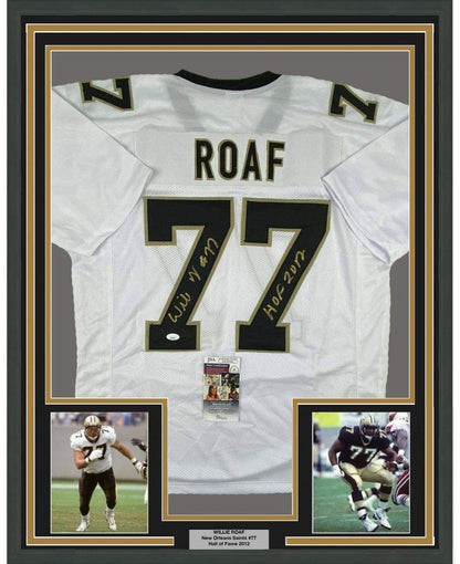 Framed Autographed/Signed Willie Roaf 35x39 New Orleans White Football Jersey JSA COA