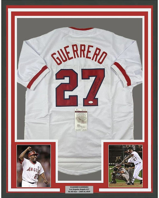 Framed Autographed/Signed Vladimir Vlad Guerrero 35x39 Los Angeles LA Anaheim White Baseball Jersey JSA COA
