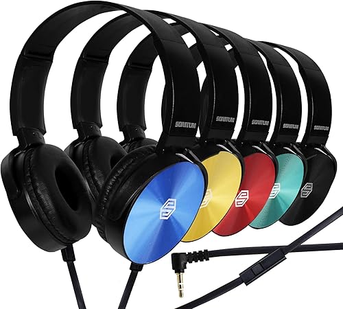 Classroom Headphones With Microphone Bulk 10-Pack, Student On Ear Comfy Swivel Earphones for Library, School, Airplane, Online Learning and Travel, HQ Stereo Sound 3.5mm Jack (Colored With Microphone)