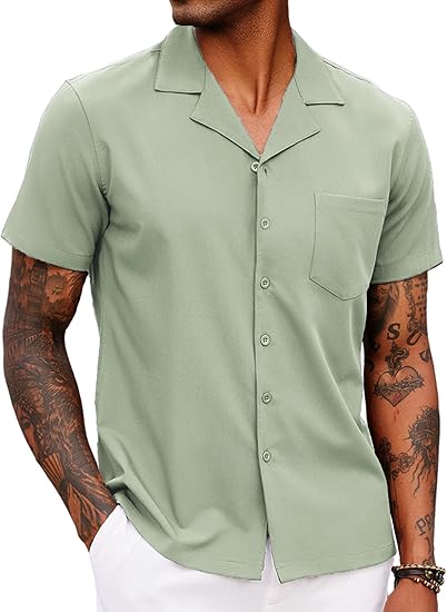 COOFANDY Men's Casual Button Down Shirts Short Sleeve Cuban Collar Shirt Summer Beach Wear