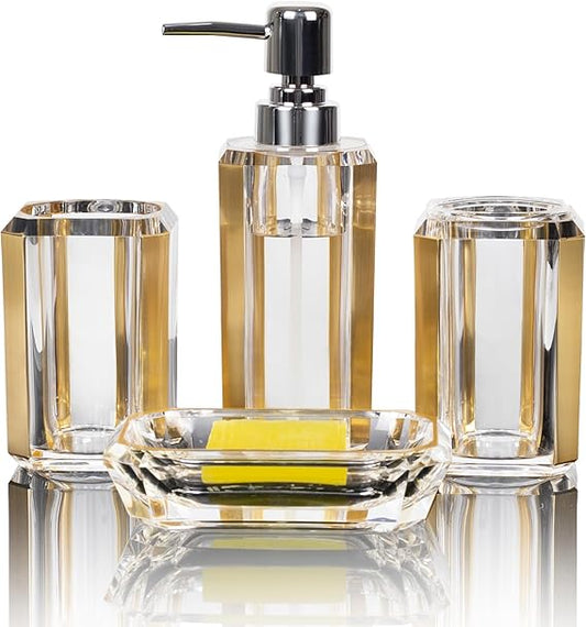 4-Piece Premium Acrylic Bathroom Accessory Set-Hand Sanitizer Bottle Lotion Can Bathroom Suit Separate Bottle Soap Box Mouthwash Cup Toothbrush Cup (Brushed Gold)