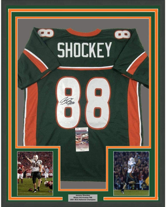 Framed Autographed/Signed Jeremy Shockey 35x39 Miami Green College Football Jersey JSA COA