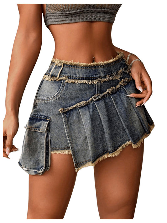 BEAUDRM Women's Y2K Pleated Short Skirt High Waist Raw Hem Pocket Denim Jean Mini Skirt Blue X-Small