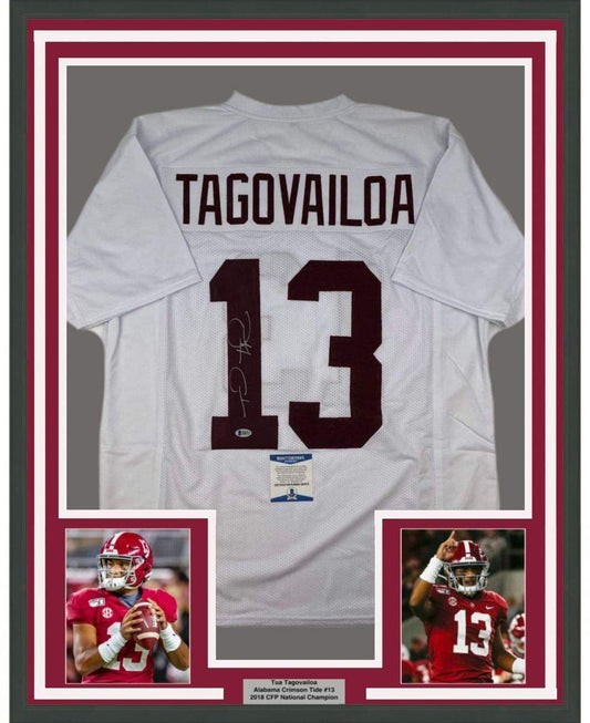 Framed Autographed/Signed Tua Tagovailoa 35x39 Alabama White College Football Jersey Beckett BAS COA