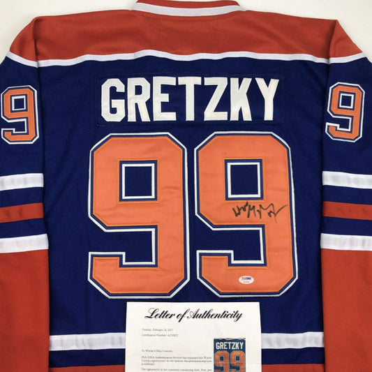 Autographed/Signed Wayne Gretzky Edmonton Blue Hockey Jersey PSA/DNA COA/LOA