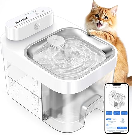 Cat Water Fountain, App Monitoring Separated Clean & Waste Water Wireless Smart Pet Water Fountain, 5000mAh Battery & Plug-in Automatic Water Dispenser for Cats Indoor and 2.4G Wi-Fi, No Filter