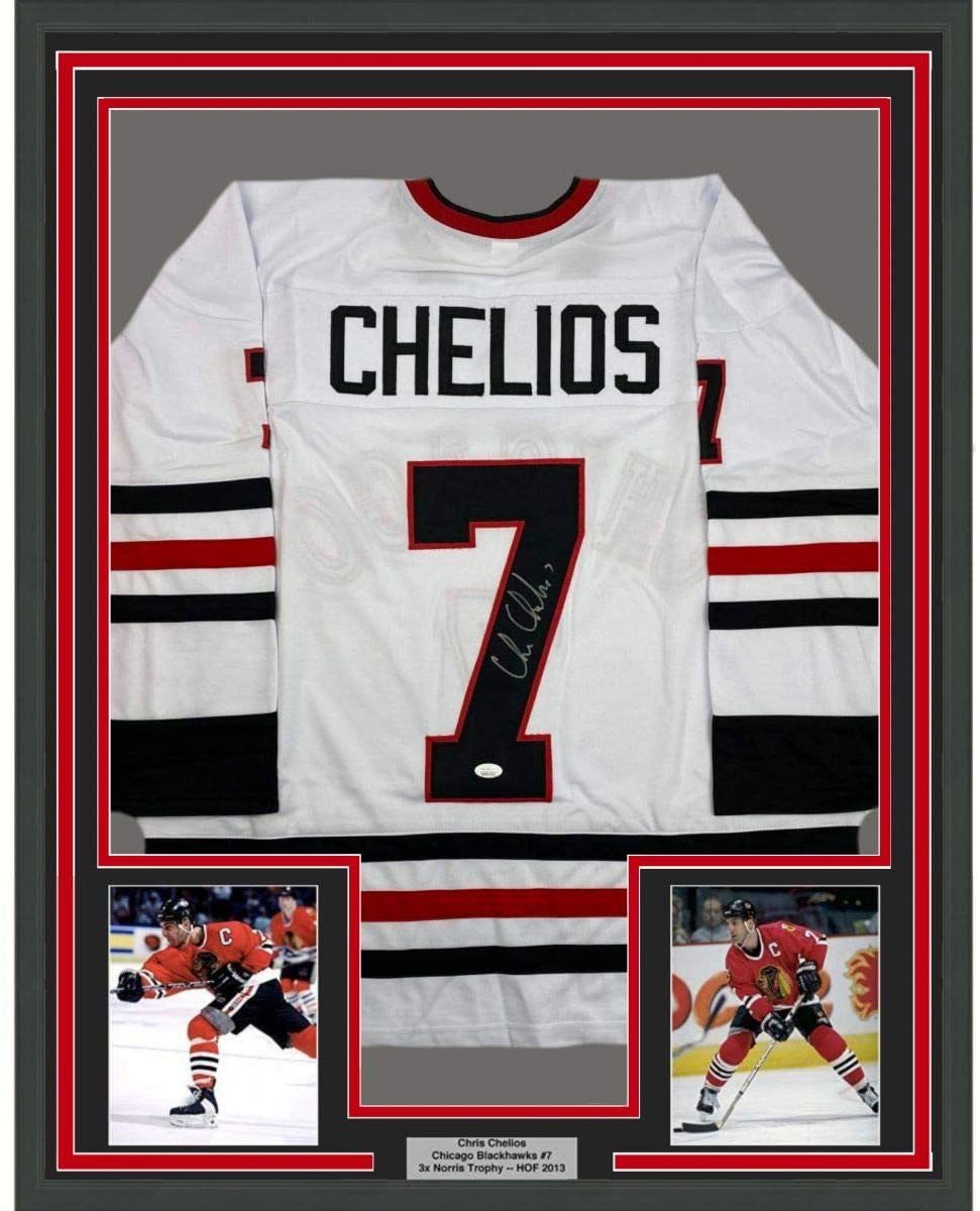Framed Autographed/Signed Chris Chelios 35x39 Chicago White Hockey Jersey JSA COA