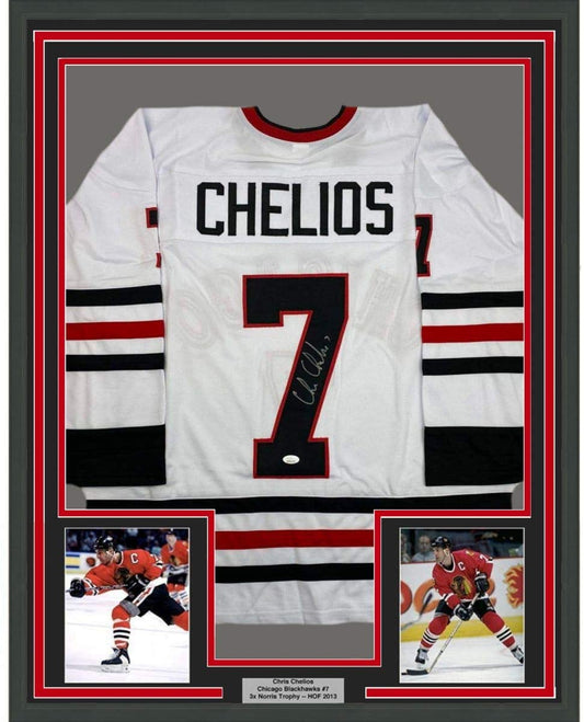 Framed Autographed/Signed Chris Chelios 35x39 Chicago White Hockey Jersey JSA COA