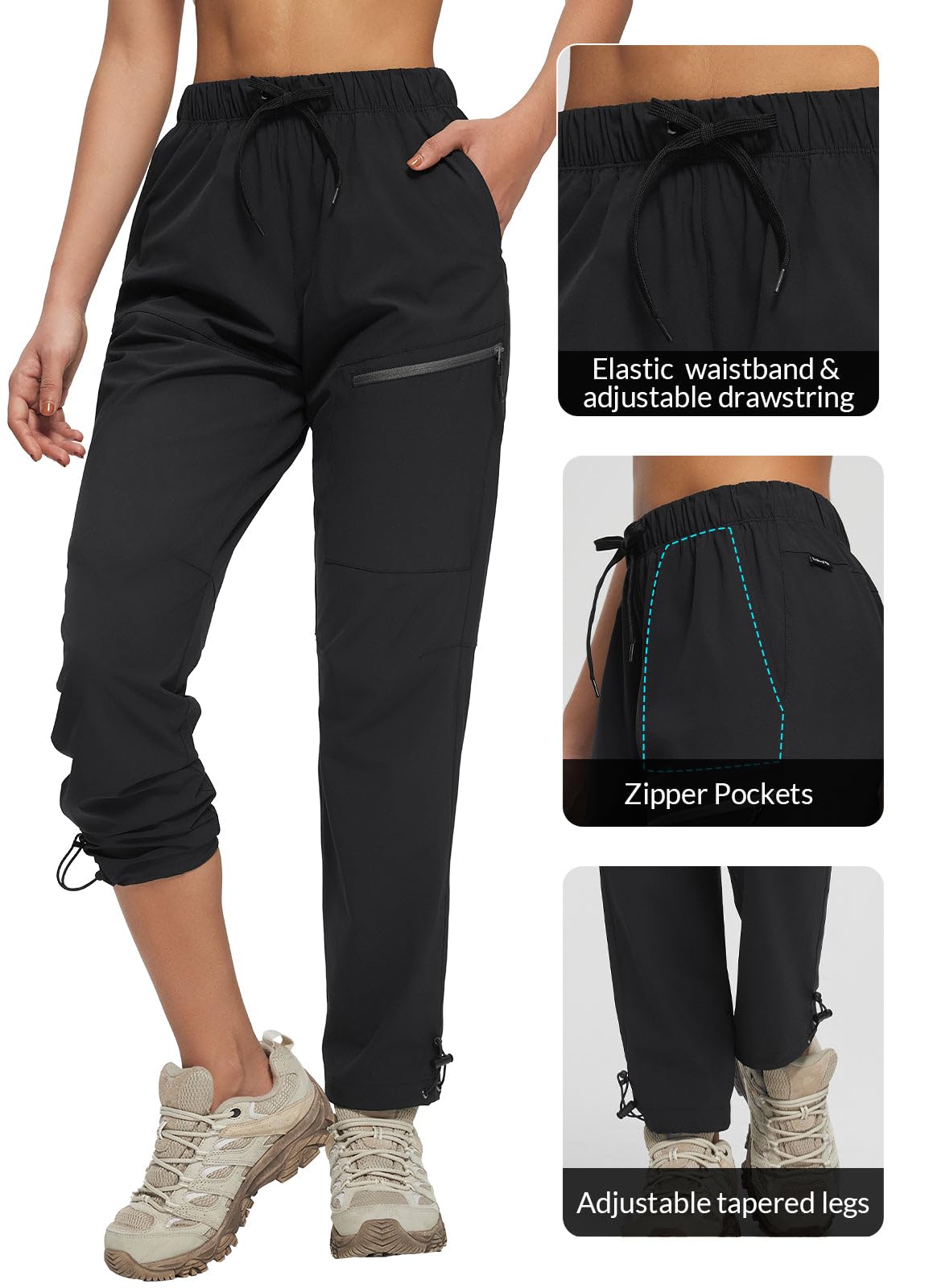 BALEAF Women's Hiking Pants Quick Dry Lightweight Water Resistant Elastic Waist Cargo Pants Black L