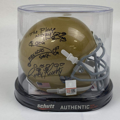 Autographed/Signed Rudy Ruettiger Inscribed Hand Drawn Play Notre Dame Irish Football Mini Helmet JSA COA