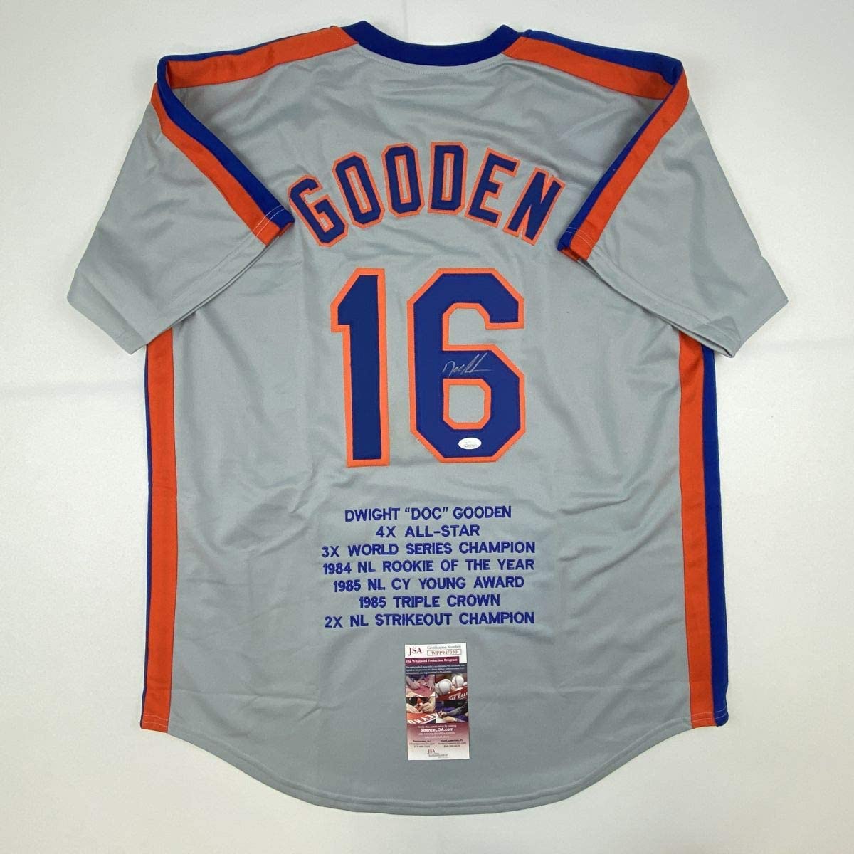 Autographed/Signed Dwight Doc Gooden New York NY Grey Stat Baseball Jersey JSA COA